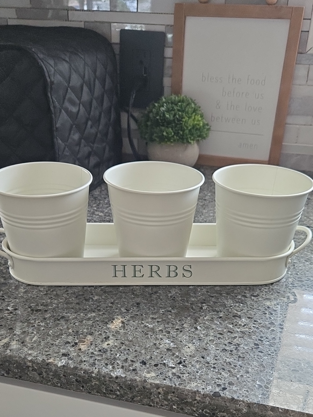 Cream Herb Tray with Three Matching Pots